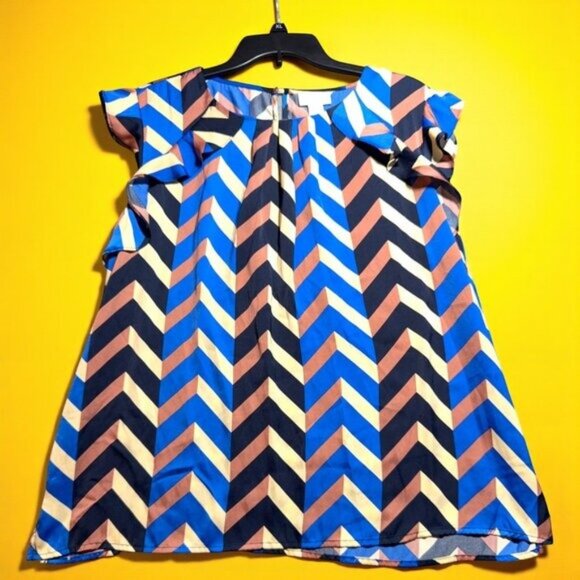 Liz Claiborne Tops - Liz Claiborne XL Chevron Ruffle Cap Sleeve Blouse Blue Black Geoprint Tunic